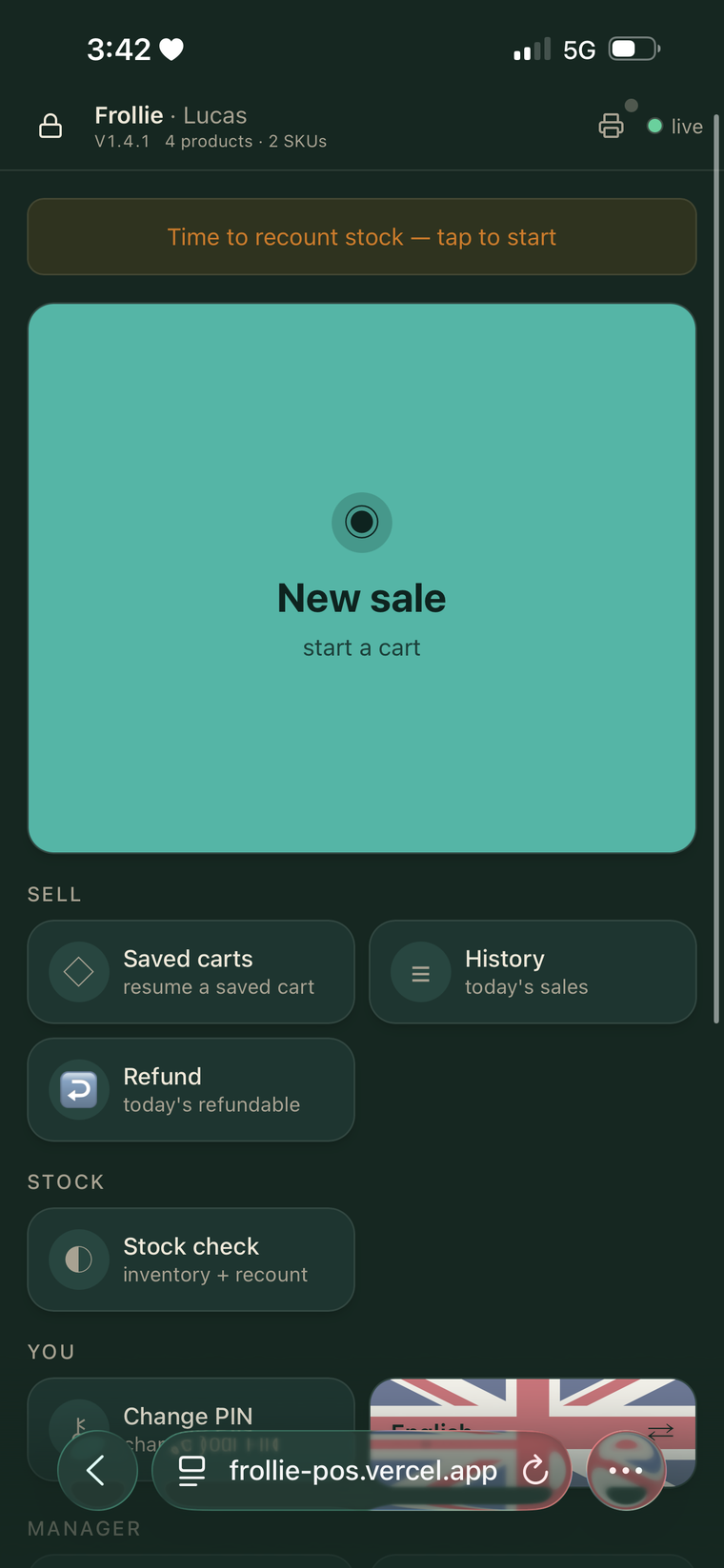 Frollie POS home screen — new sale, saved carts, history, and stock check on an Android phone