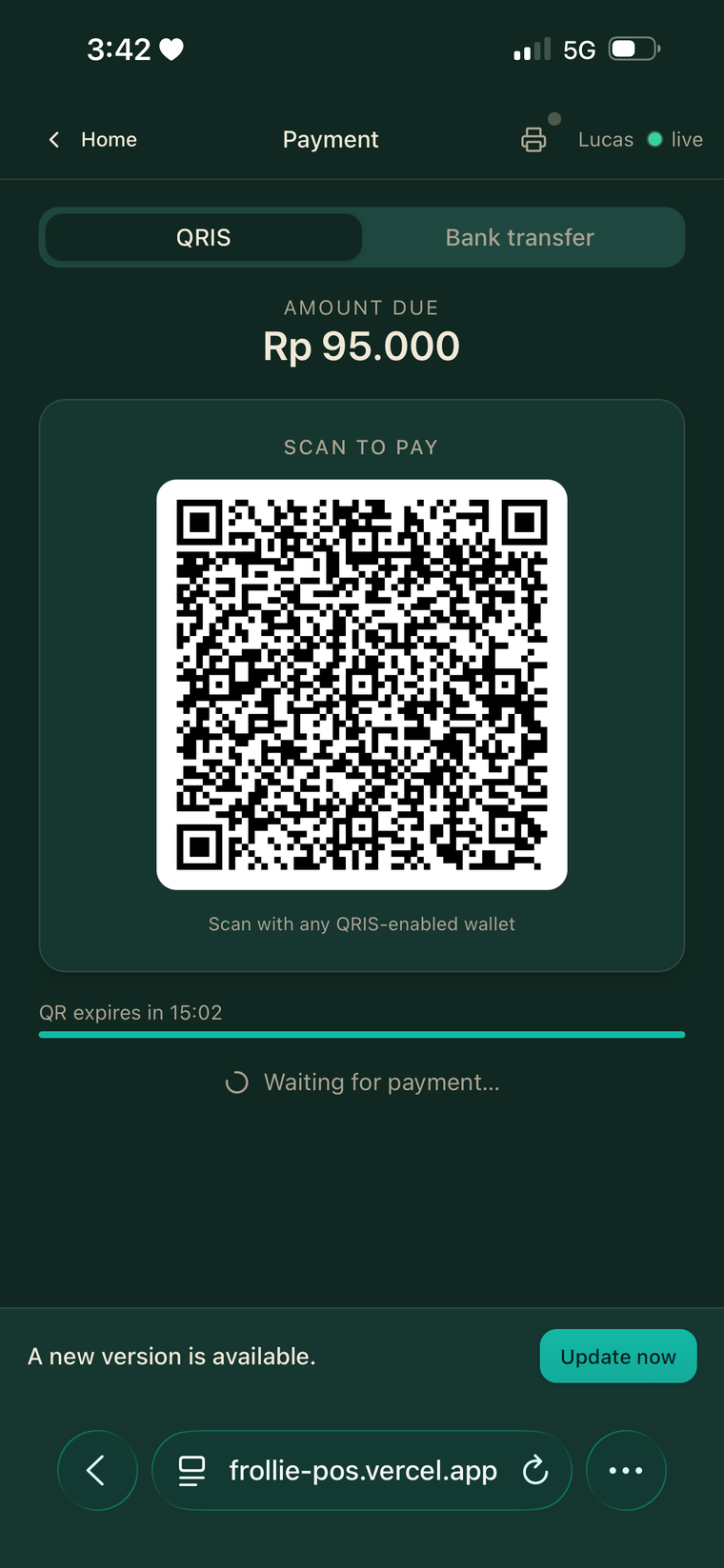 Frollie POS payment screen — a QRIS code to scan, confirmed by webhook