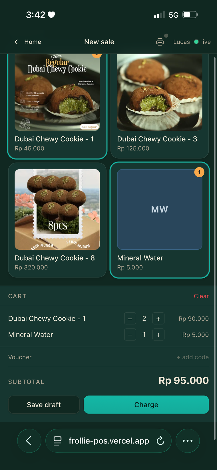 Frollie POS cart — Dubai Chewy Cookies with a running subtotal in rupiah