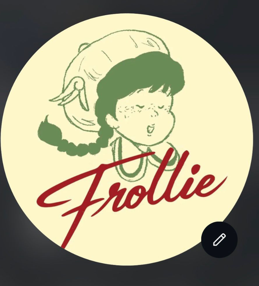 Frollie logo — illustrated portrait of a woman with green wavy hair on a cream background, with 'Frollie' written beneath in dark red script.