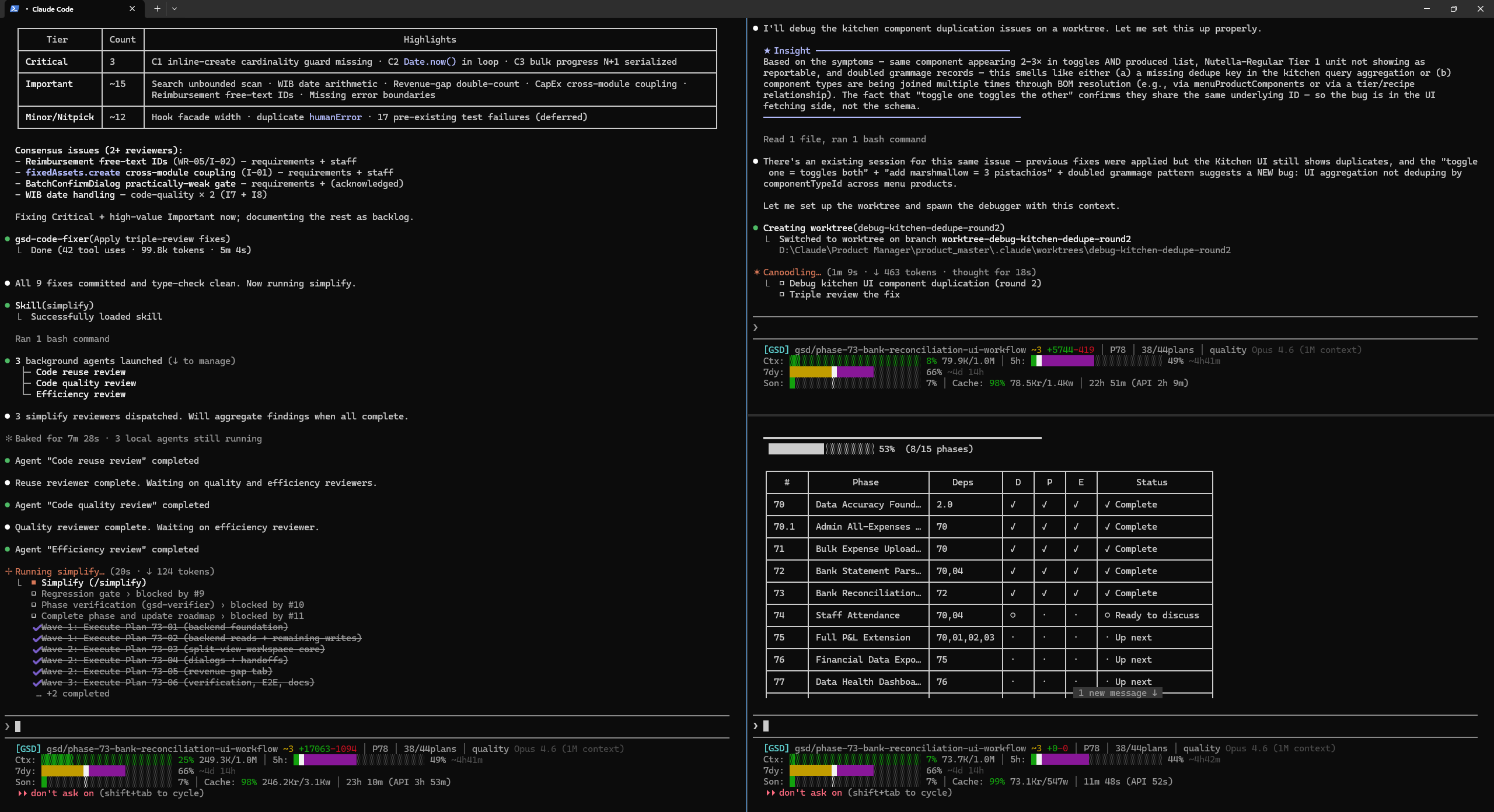 Claude Code terminal showing live agent activity, parallel sub‑agents running concurrently in tmux panes, log highlights, and quality‑gate status.